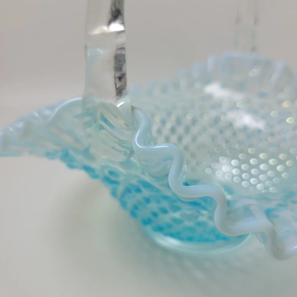 Fenton Blue Hobnail Opalescent Glass Basket Ruffled Edge Twisted Handle 10
